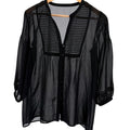 Black 100% Silk Minimalist Pintuck Pleated Sheer V Neck Peasant Blouse Top