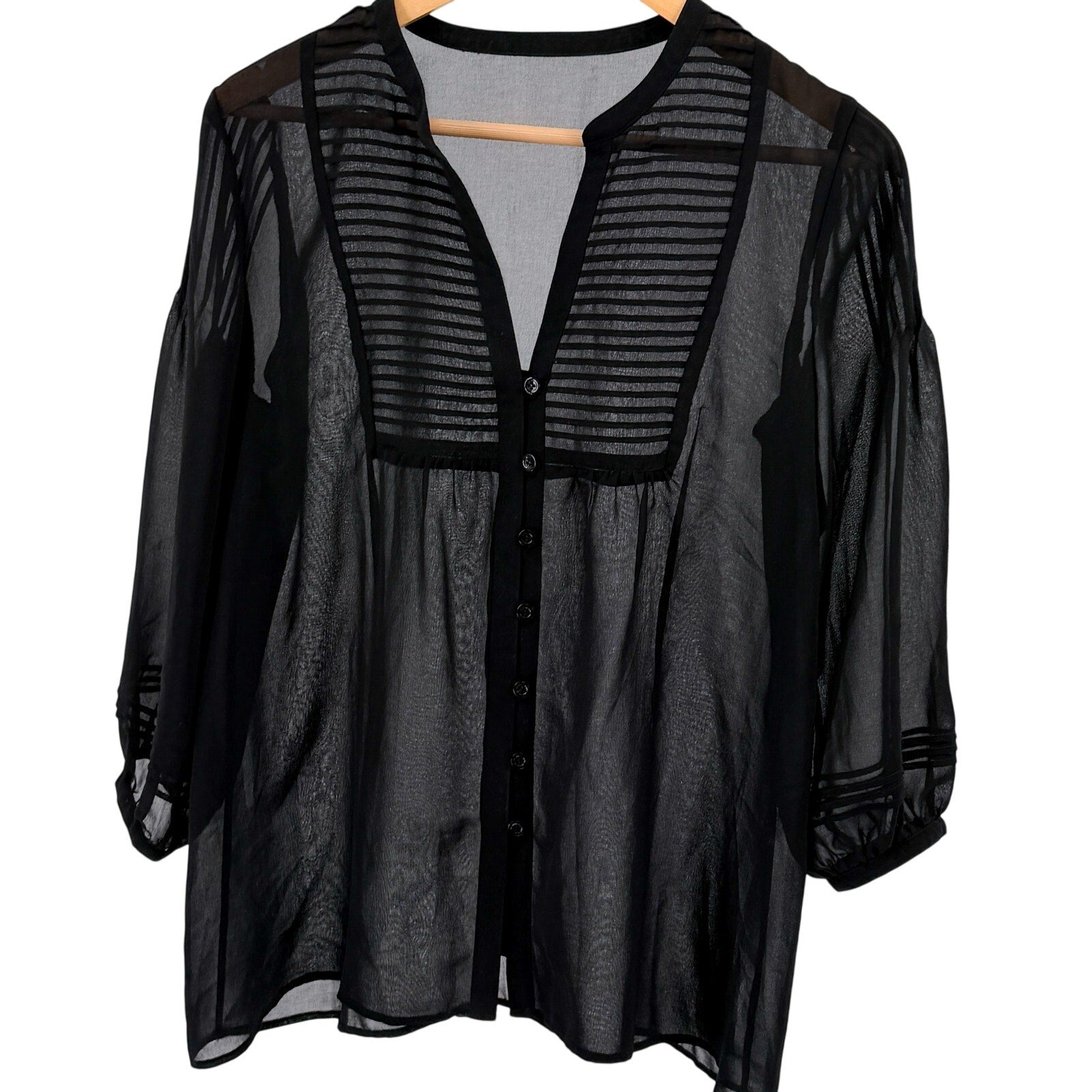 Black 100% Silk Minimalist Pintuck Pleated Sheer V Neck Peasant Blouse Top
