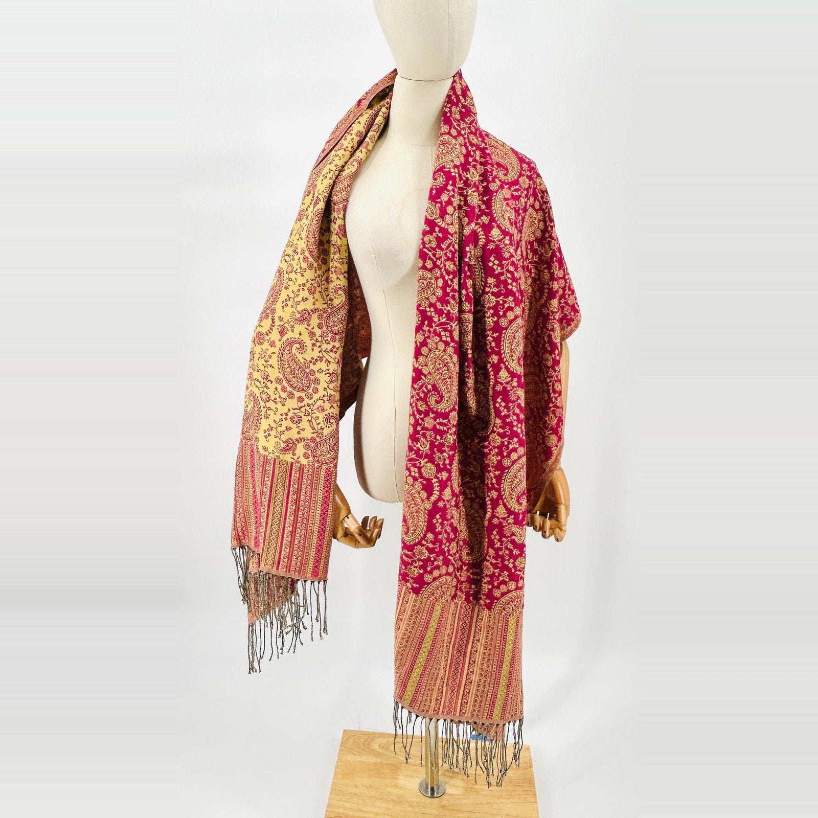 Pashmina Pink Yellow Paisley Turkish Woven Fringe Oversized Shawl Wrap