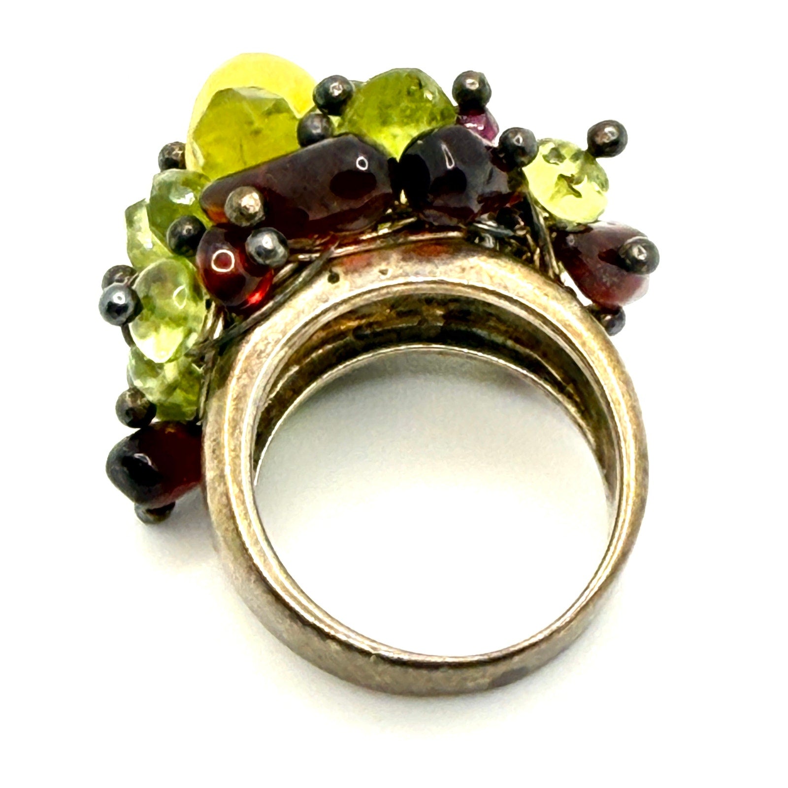 Vintage Y2K Sterling Silver Stamped Multi Gemstone Peridot Garnet Cluster Ring