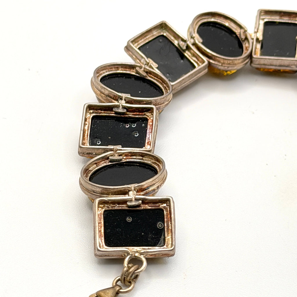 Vintage 90s Stamped Sterling Silver Green Amber Oval Rectangle Link Bracelet