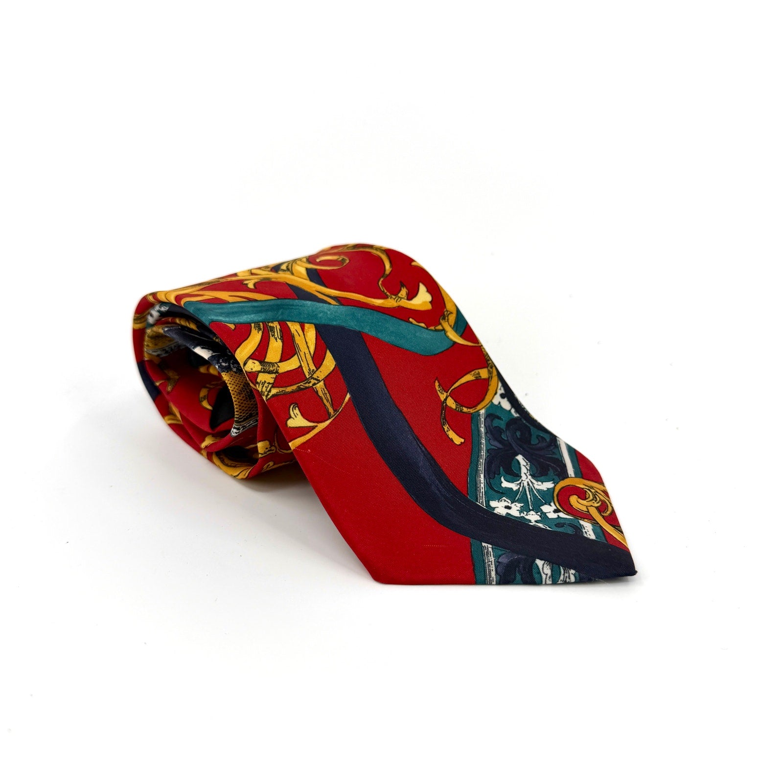 Vintage 90s Italian Handmade Red Baroque Ornate 100% Silk Tie