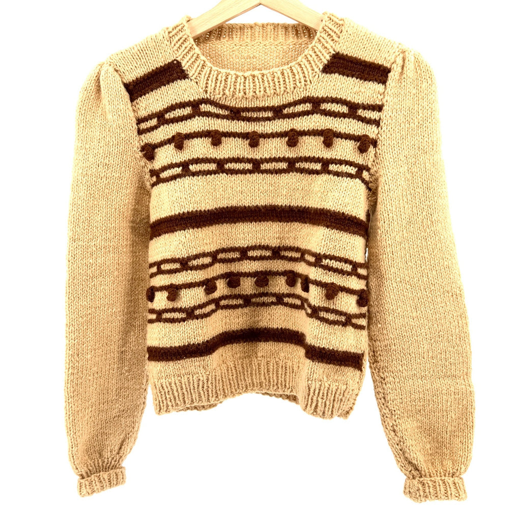 Handmade Vintage 70s Tan Brown Wool Blend Bobble Knit Puff Sleeve Sweater
