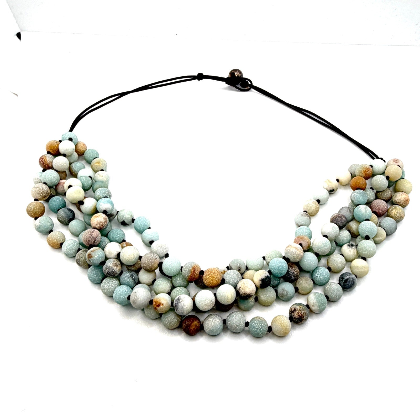 Vintage 90s Aqua Amazonite Sterling Silver Waxed Cord Multi Strand Necklace