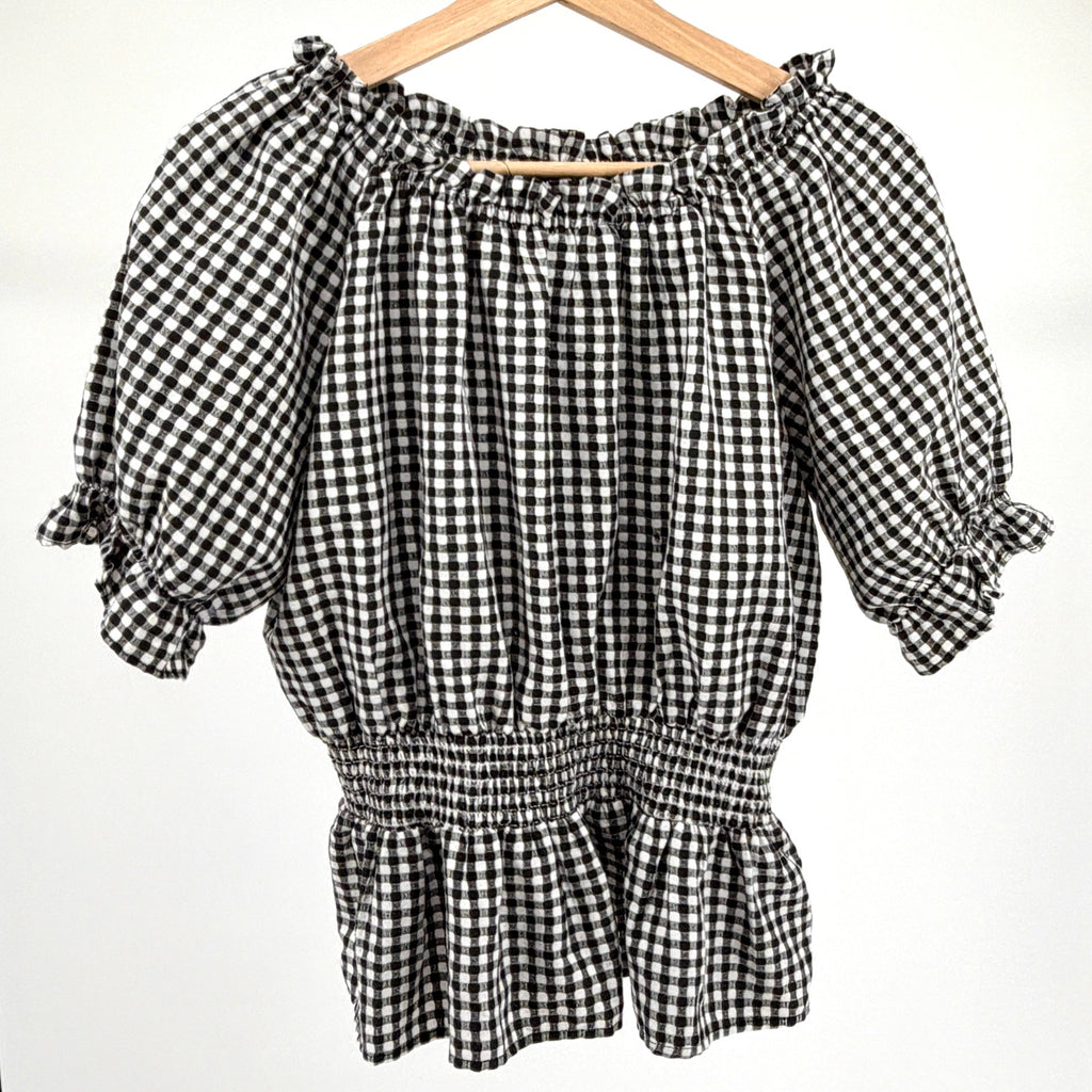 Buffalo David Bitton Black White Gingham Smocked Off-Shoulder Top