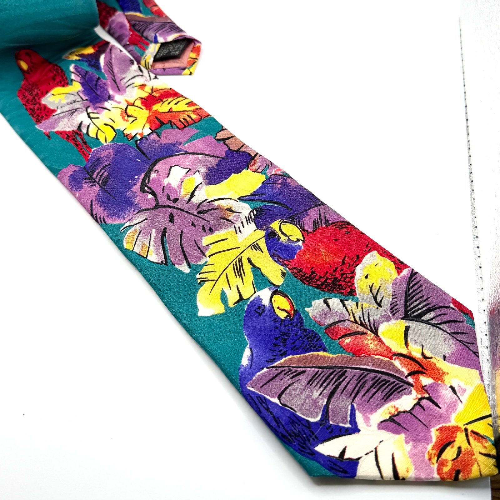 Vintage 90s Charleston Tie Rack Teal 100% Silk Tropical Parrot Print Necktie