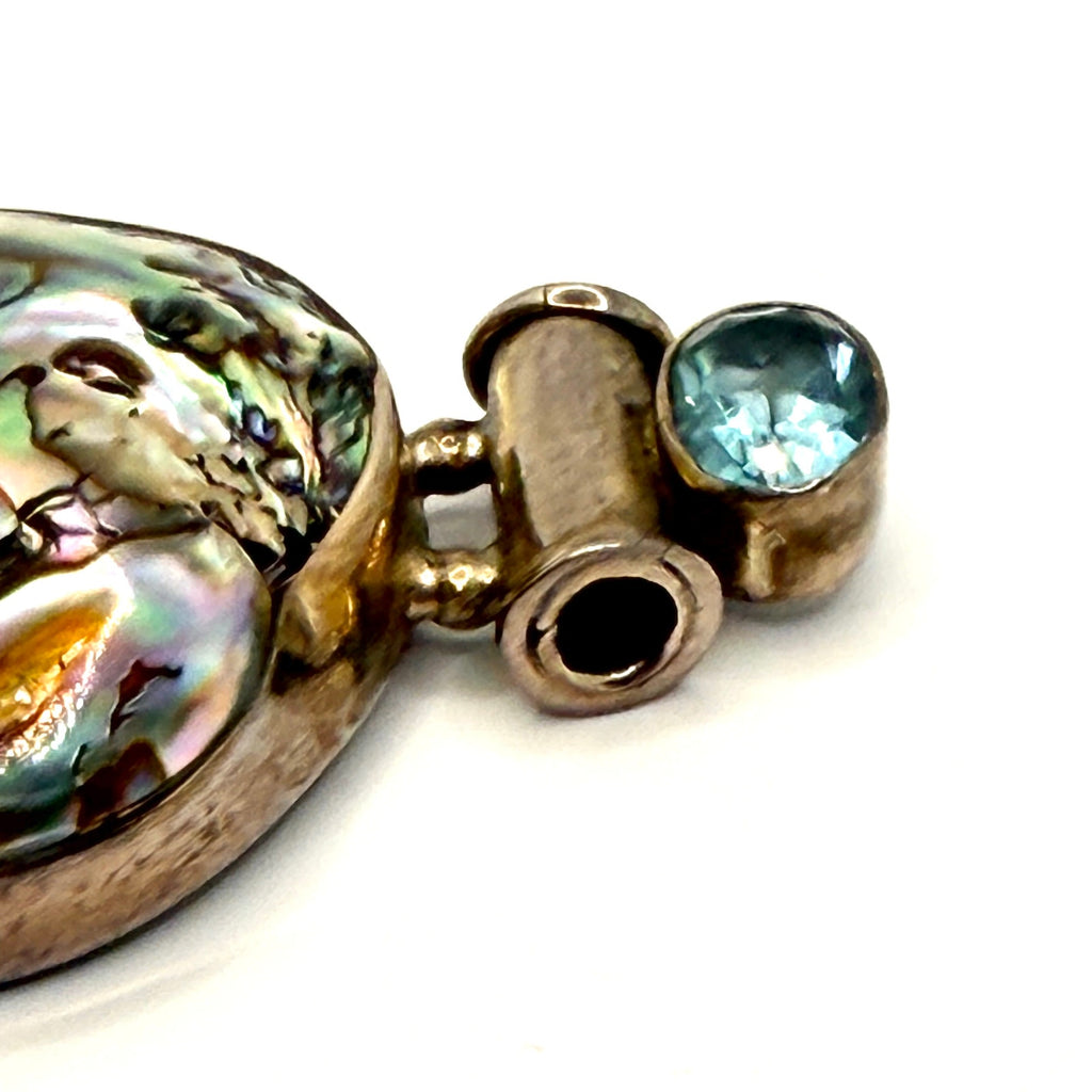 Vintage 90s Blue Topaz Sterling Silver Abalone Shell Statement Pendant