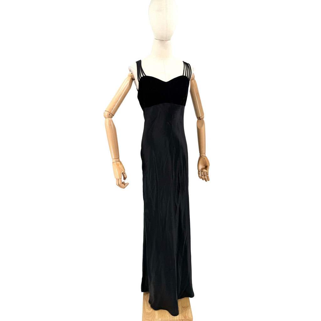 Vintage 80s All That Jazz Black 20s Revival Velvet Bodice Satin Gown
