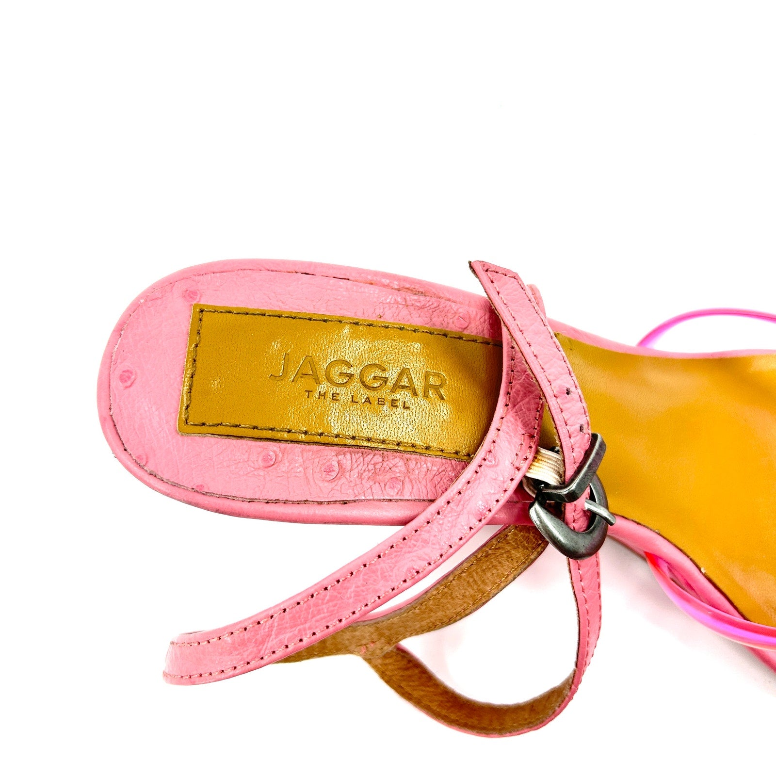 Vintage Y2K Jaggar Pink Ostrich Embossed Genuine Leather Neon Strap Wedges