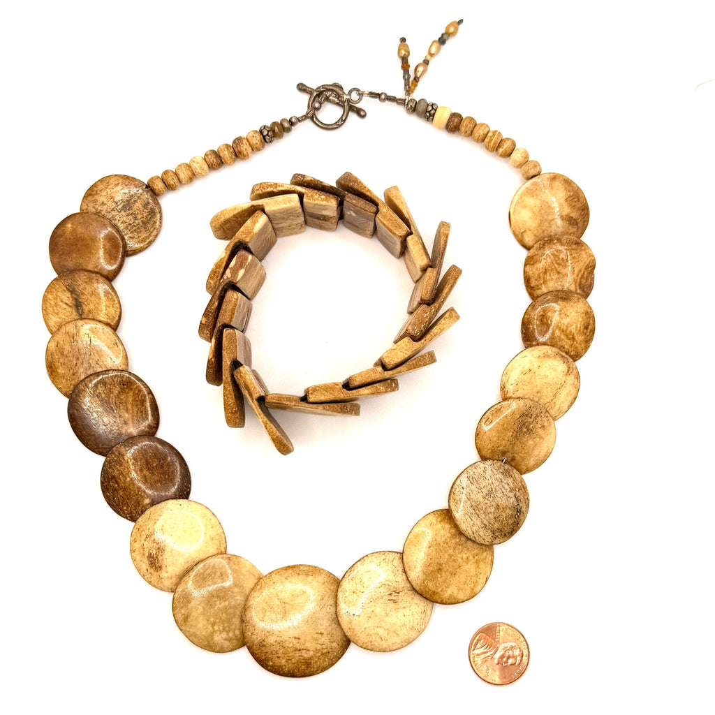 Vintage 90s Hand Carved Natural Bone Graduated Flat Disc Necklace Bracelet Set