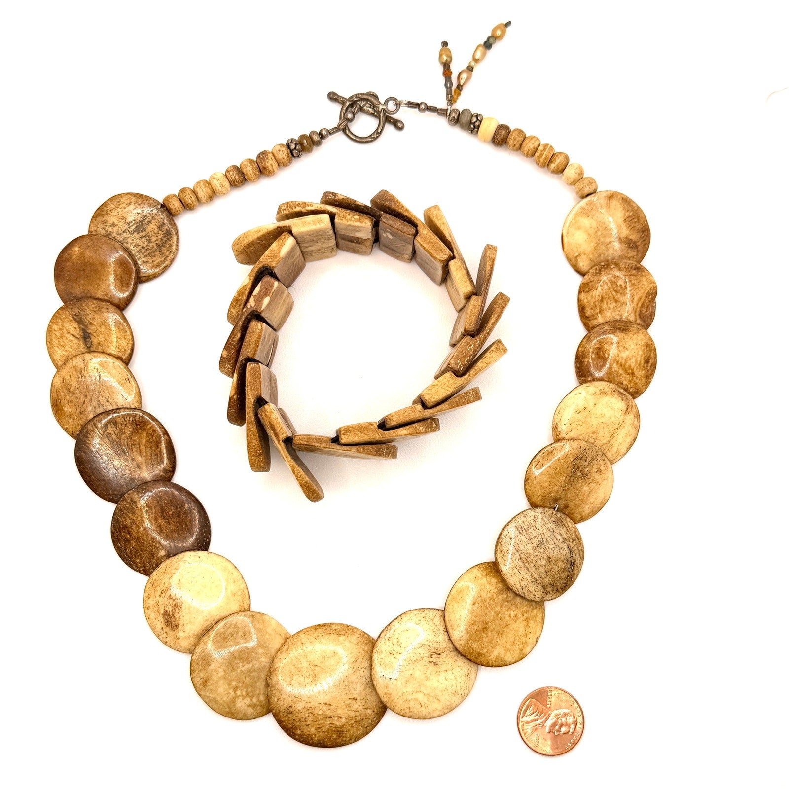 Vintage 90s Hand Carved Natural Bone Graduated Flat Disc Necklace Bracelet Set