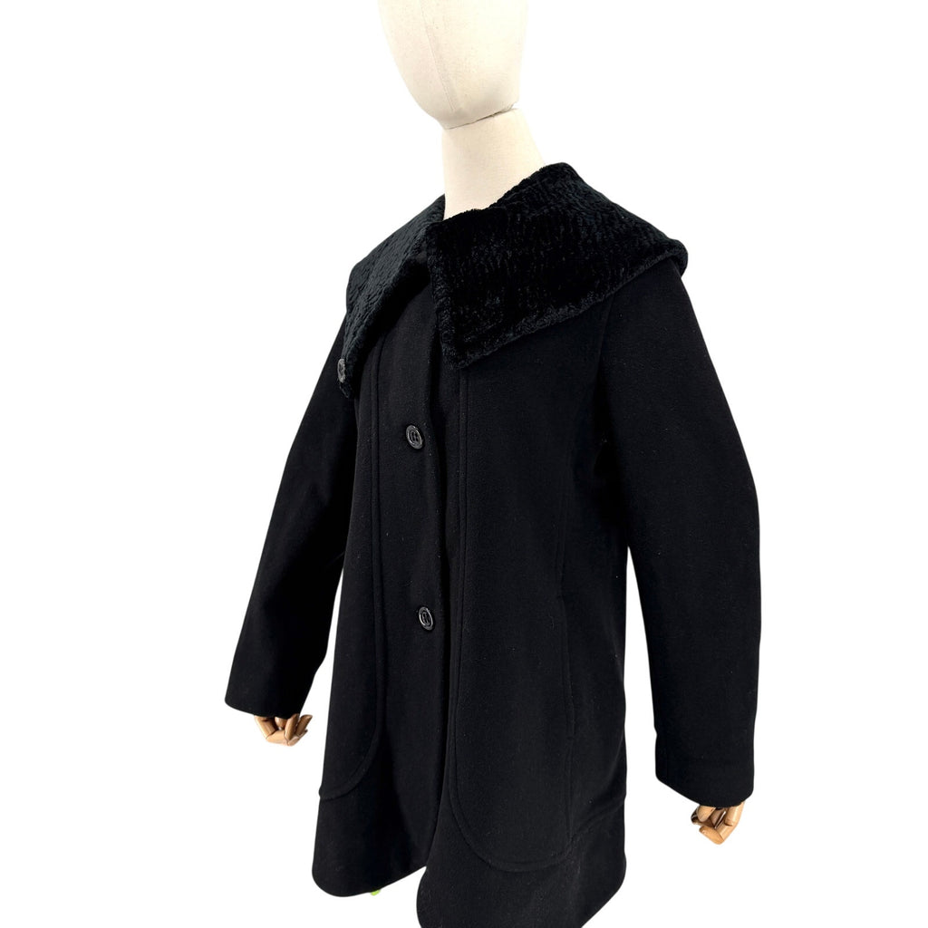 Vintage Y2K Tahari Black 100% Wool Swing Faux faux Persian Lamb Collar Coat