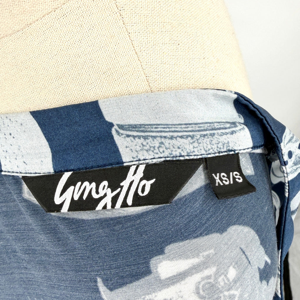Gung Ho Indigo Blue British Motif Silk Blend Shirt Midi Dress