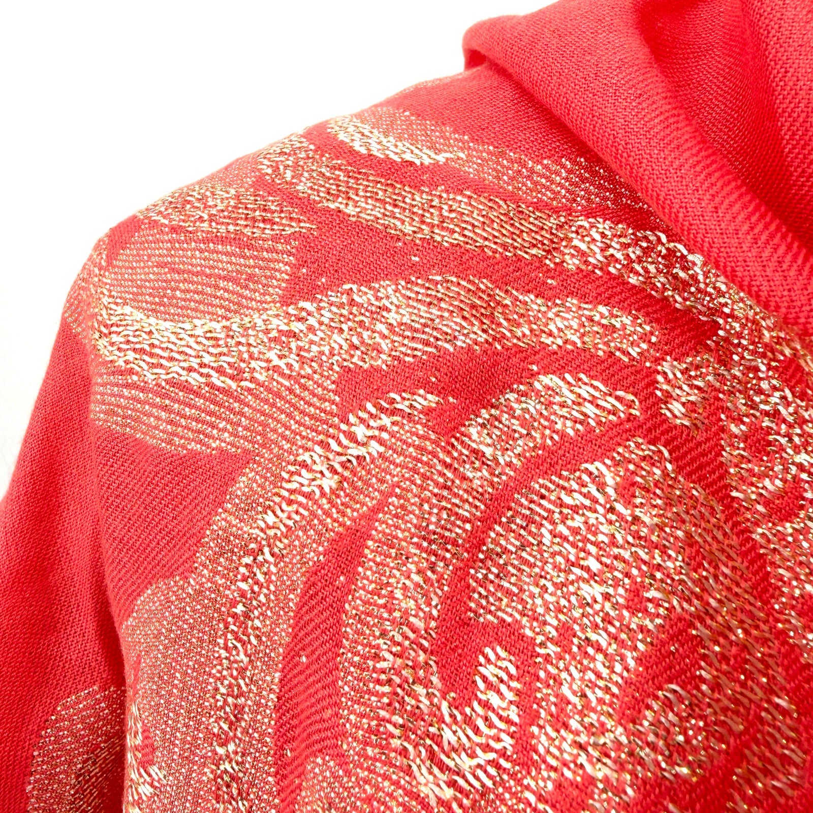 Vintage Y2K Coral Peach Cashmere Gold Metallic Thread Pashmina Shawl