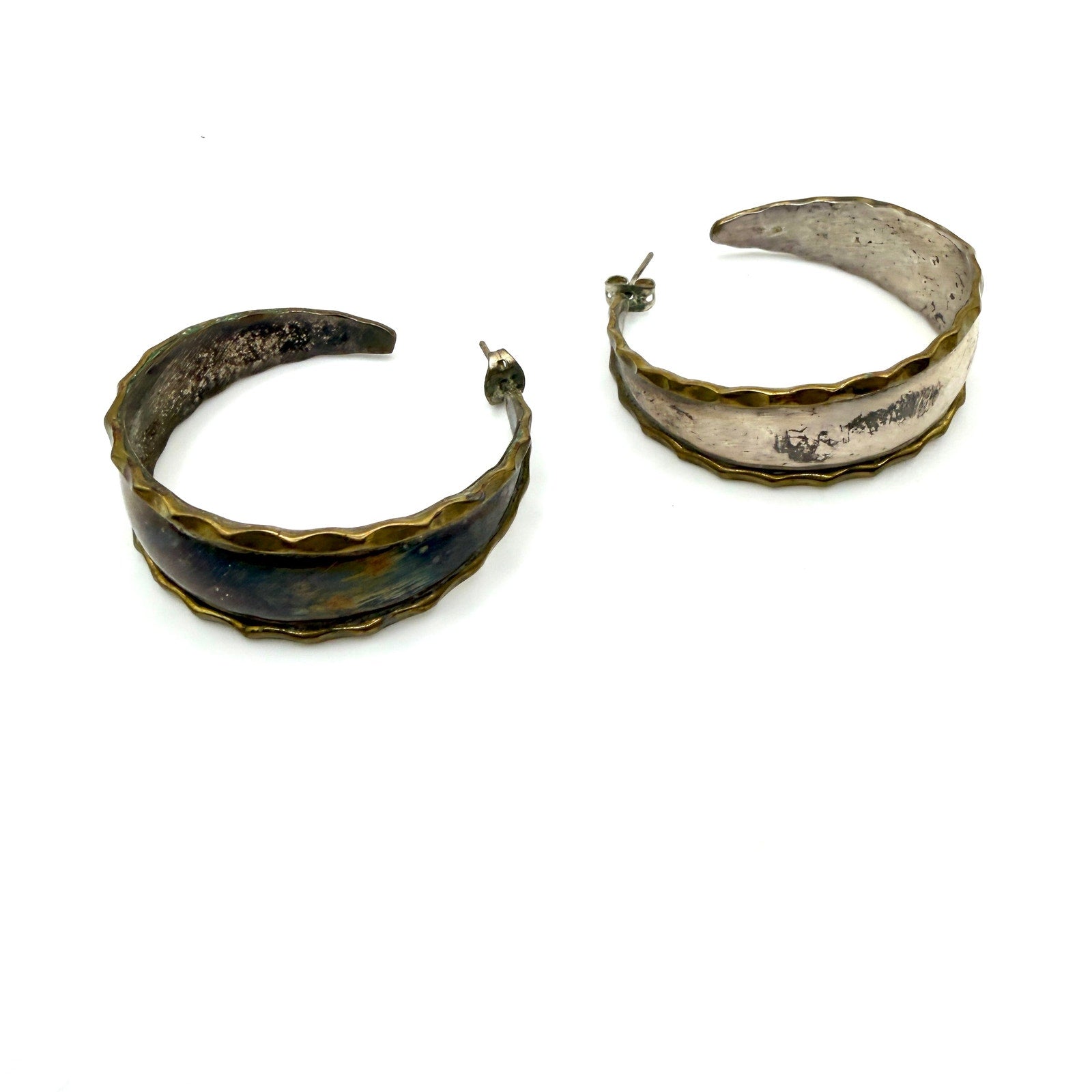Vintage 90s Two Tone Sterling Silver Scalloped Hoop Earrings