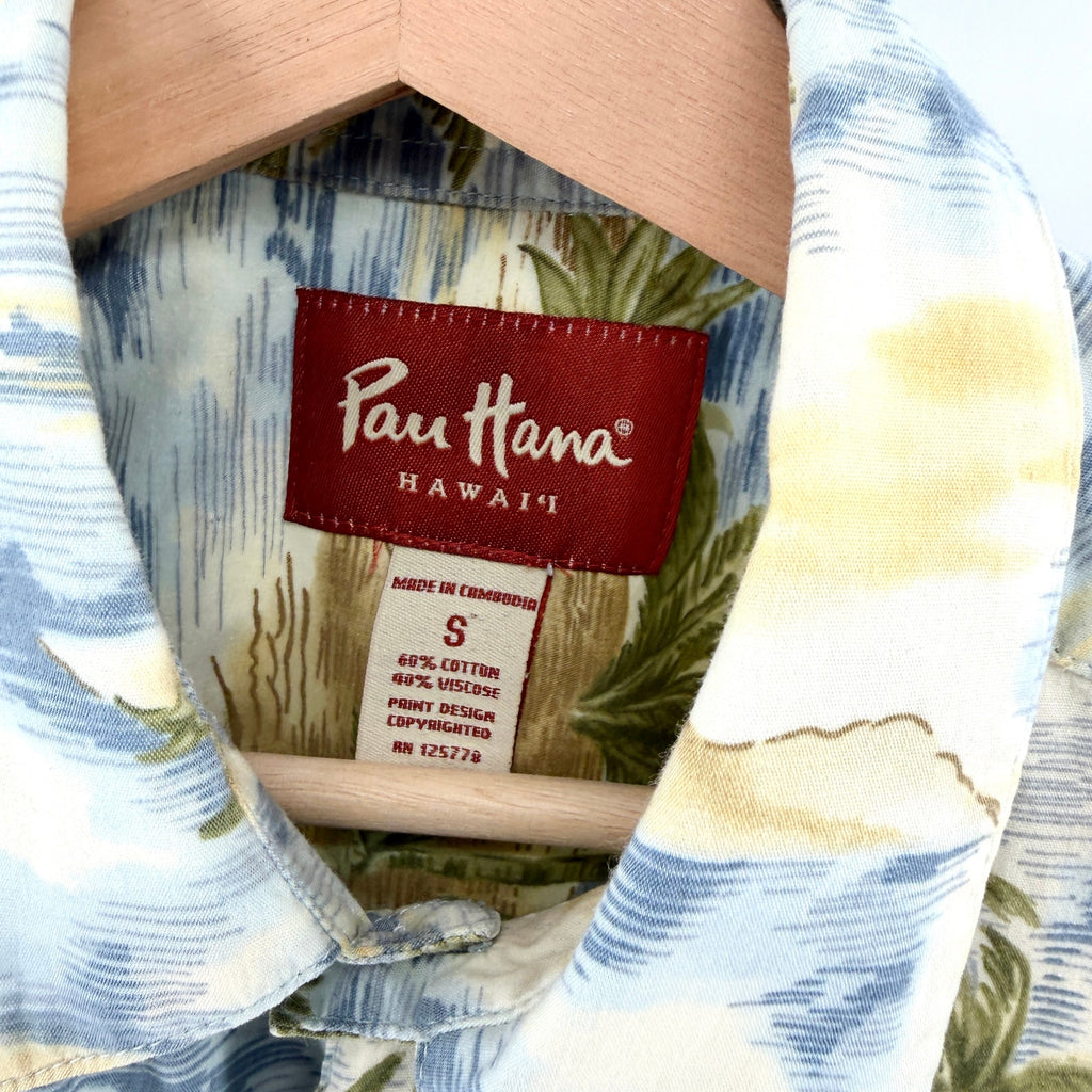 Pau Hana Hawaii Blue Tropical Palm Tree Print Camp Shirt