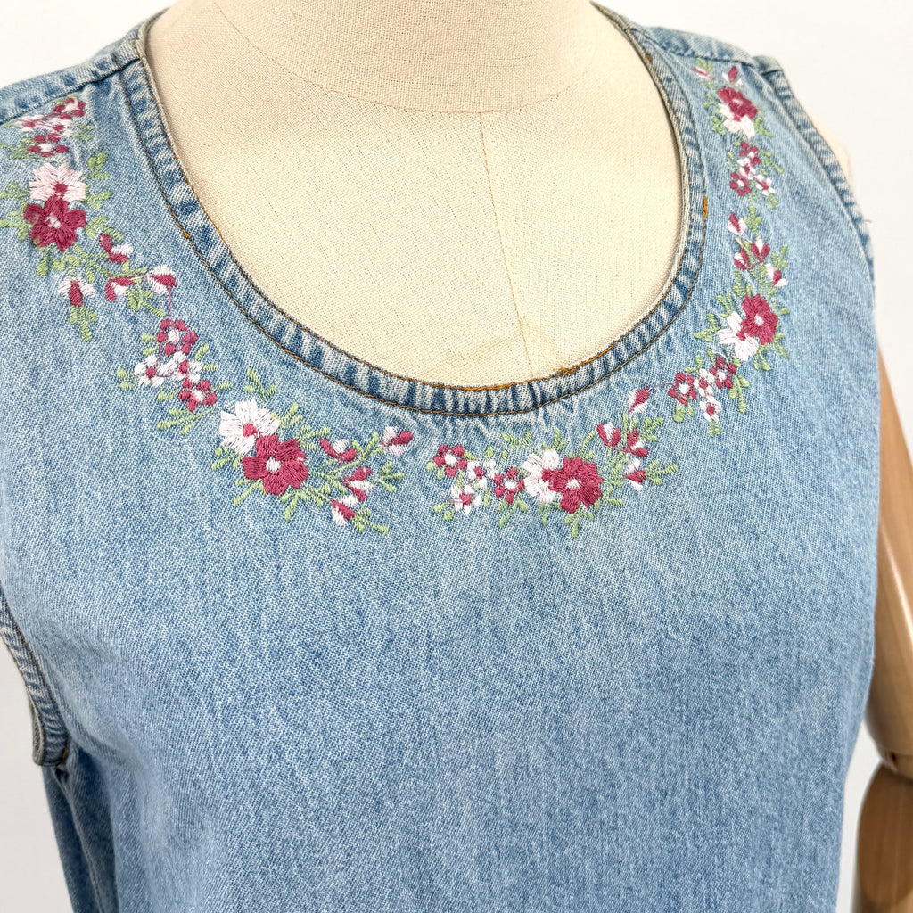 Vintage 90s Jane Ashley Blue Cotton Pink Floral Embroidered Denim Maxi Dress