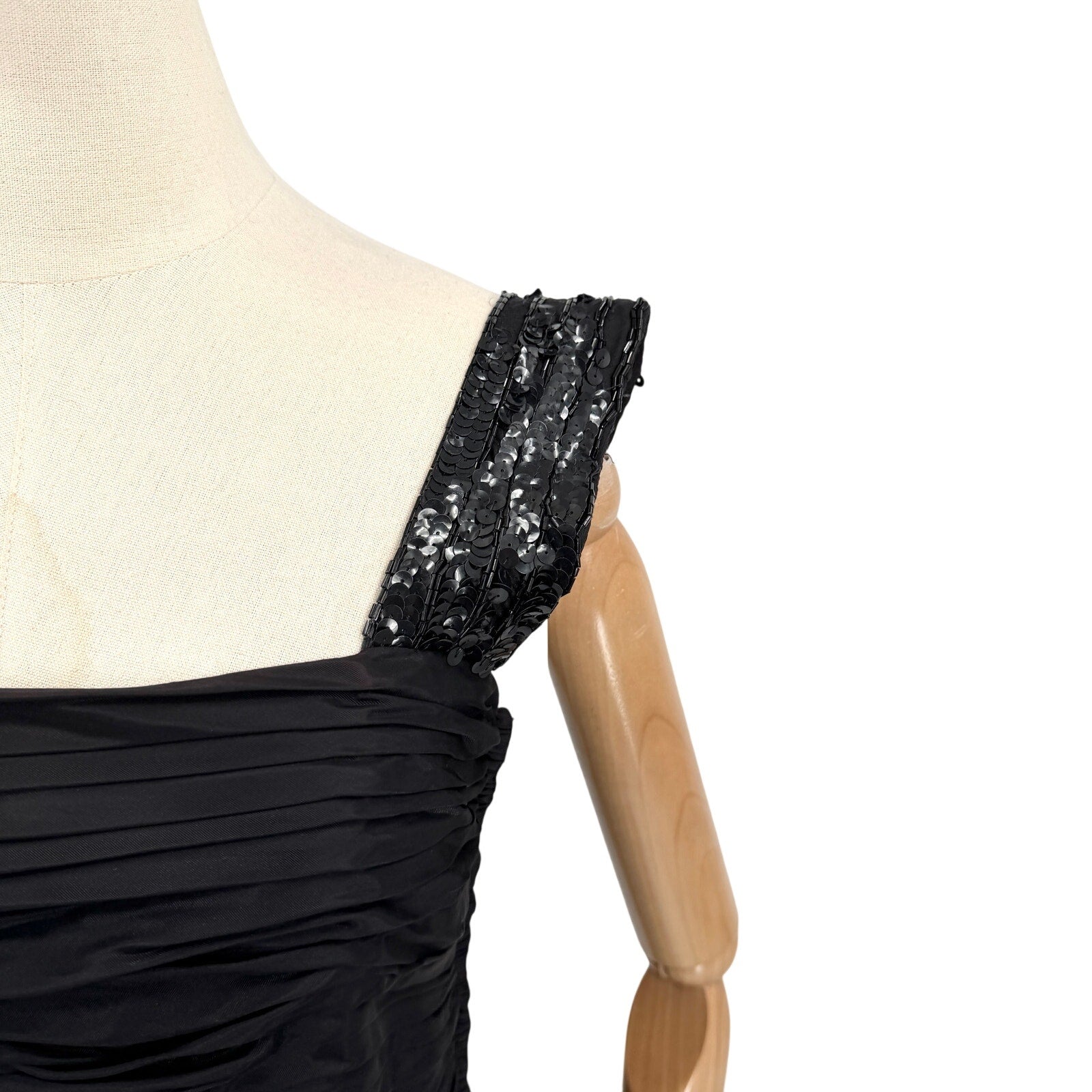 Vintage 80s Tadashi Black Ruched Sequin Strap Glam Cocktail Party Dress