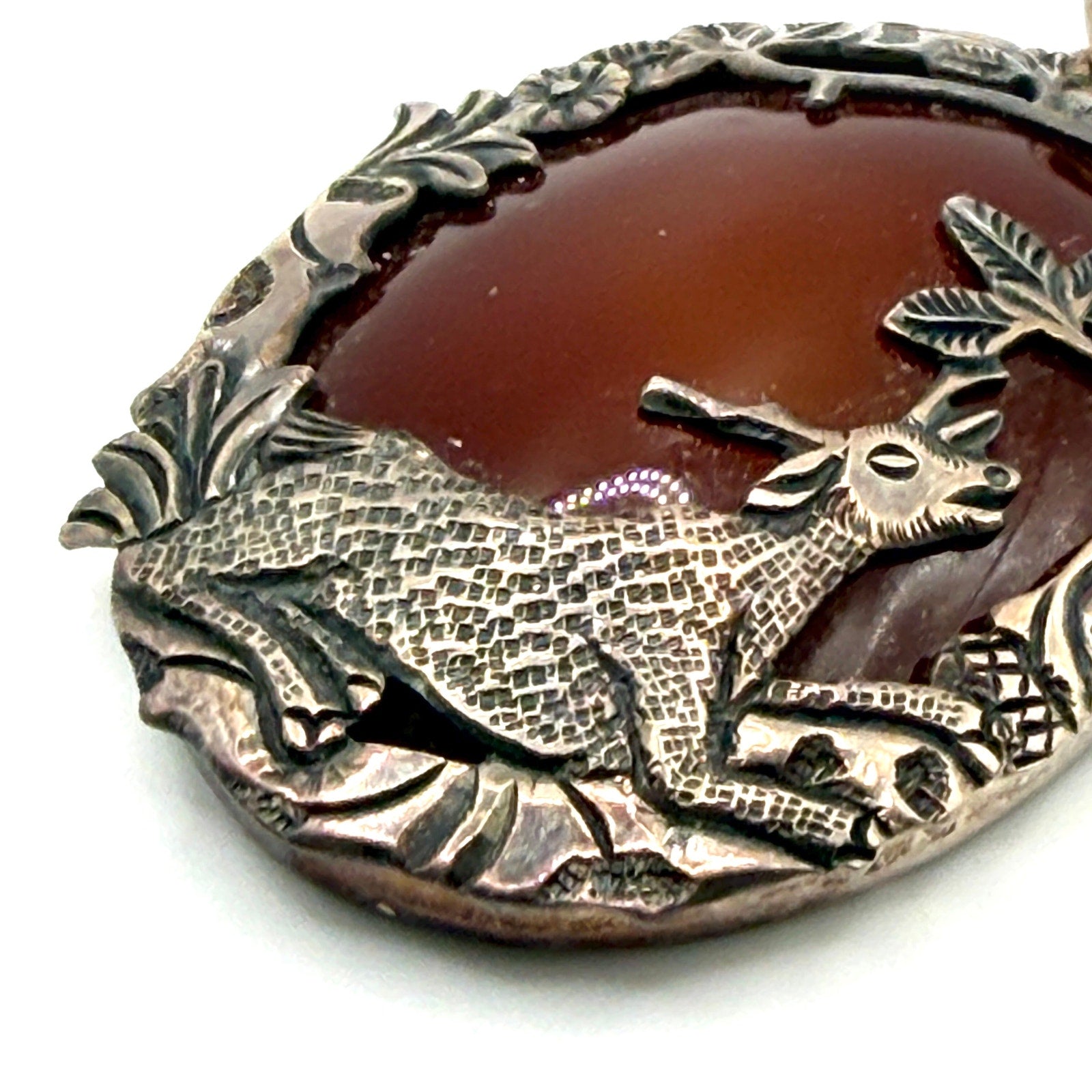 Vintage 90s Red Carnelian Sterling Silver Woodland Deer Overlay Pendant