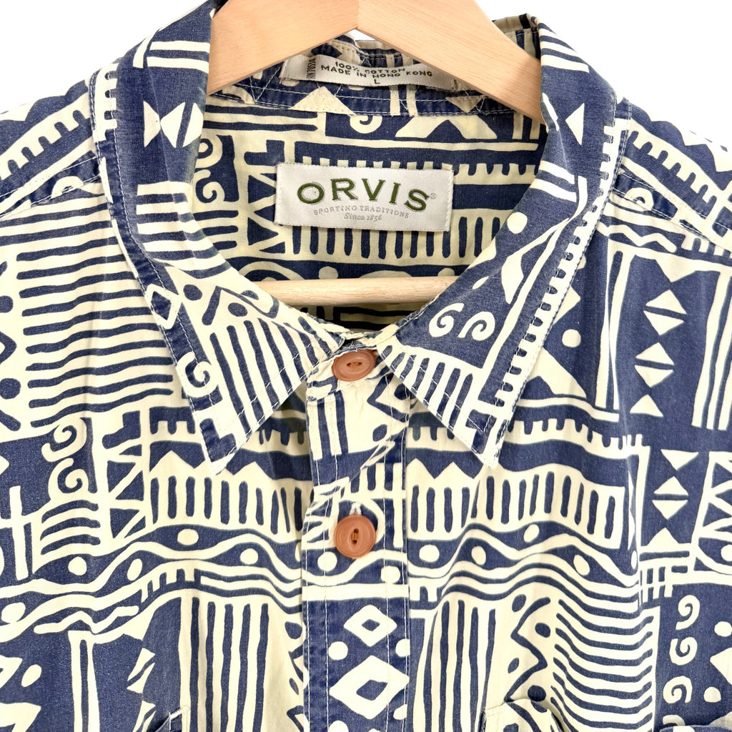 Vintage 90s Orvis Cream Indigo Blue 100% Cotton Tribal Hawaiian Shirt