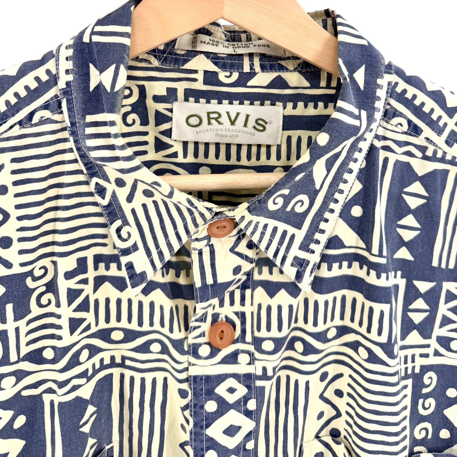 Vintage 90s Orvis Cream Indigo Blue 100% Cotton Tribal Hawaiian Shirt