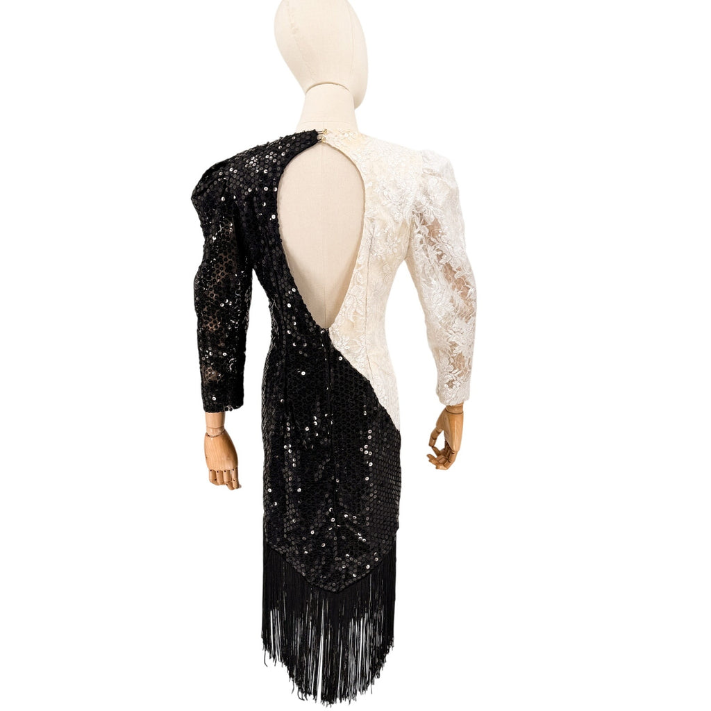 Vintage 80s Dave & Johnny Joseph Lara White Black Sequin Fringe Dress