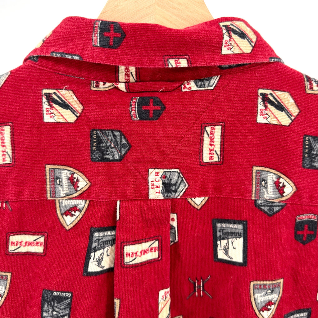 Vintage 90s Tommy Hilfiger Red 100% Cotton AOP Ski Icons Button Down Shirt