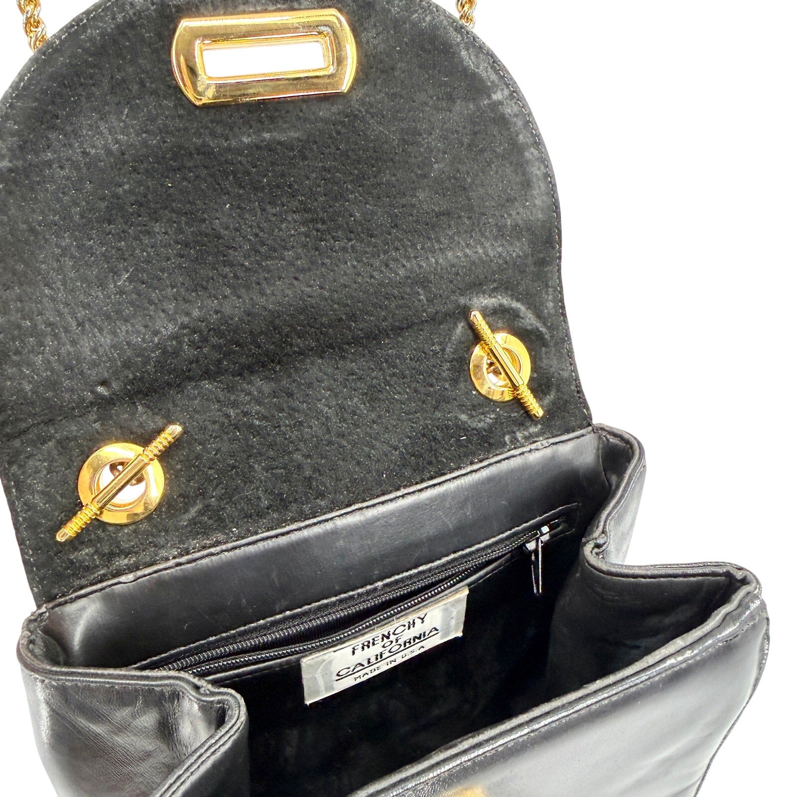 Vintage 80s Frenchy of California Black Leather Gold Chain Shoulder Bag