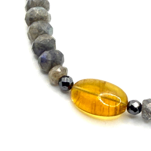 Blue Flash Labradorite Yellow Fluorite Beaded Toggle Necklace