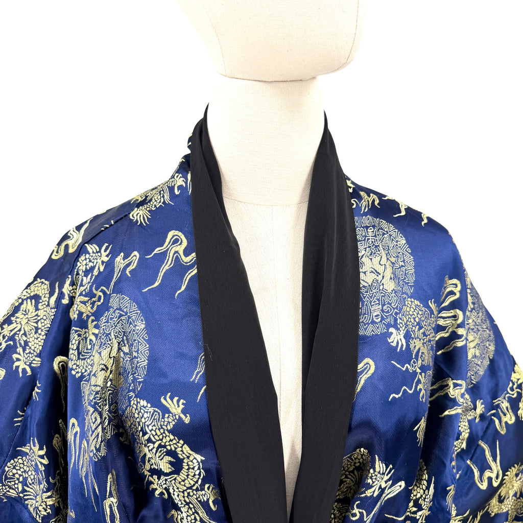Vintage 90s Blue Gold Reversible Embroidered Black Dragon Kimono Robe