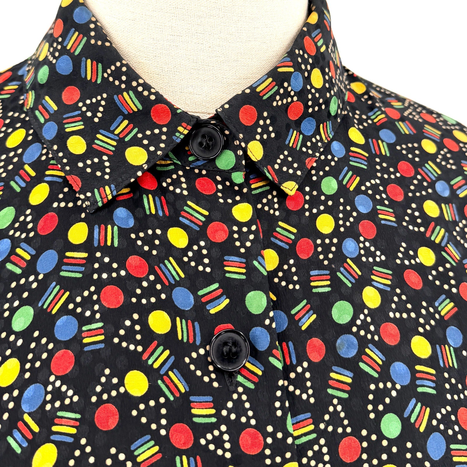 Vintage 80s Black Primary Color Geomtric Smocked Drop Waist Dress