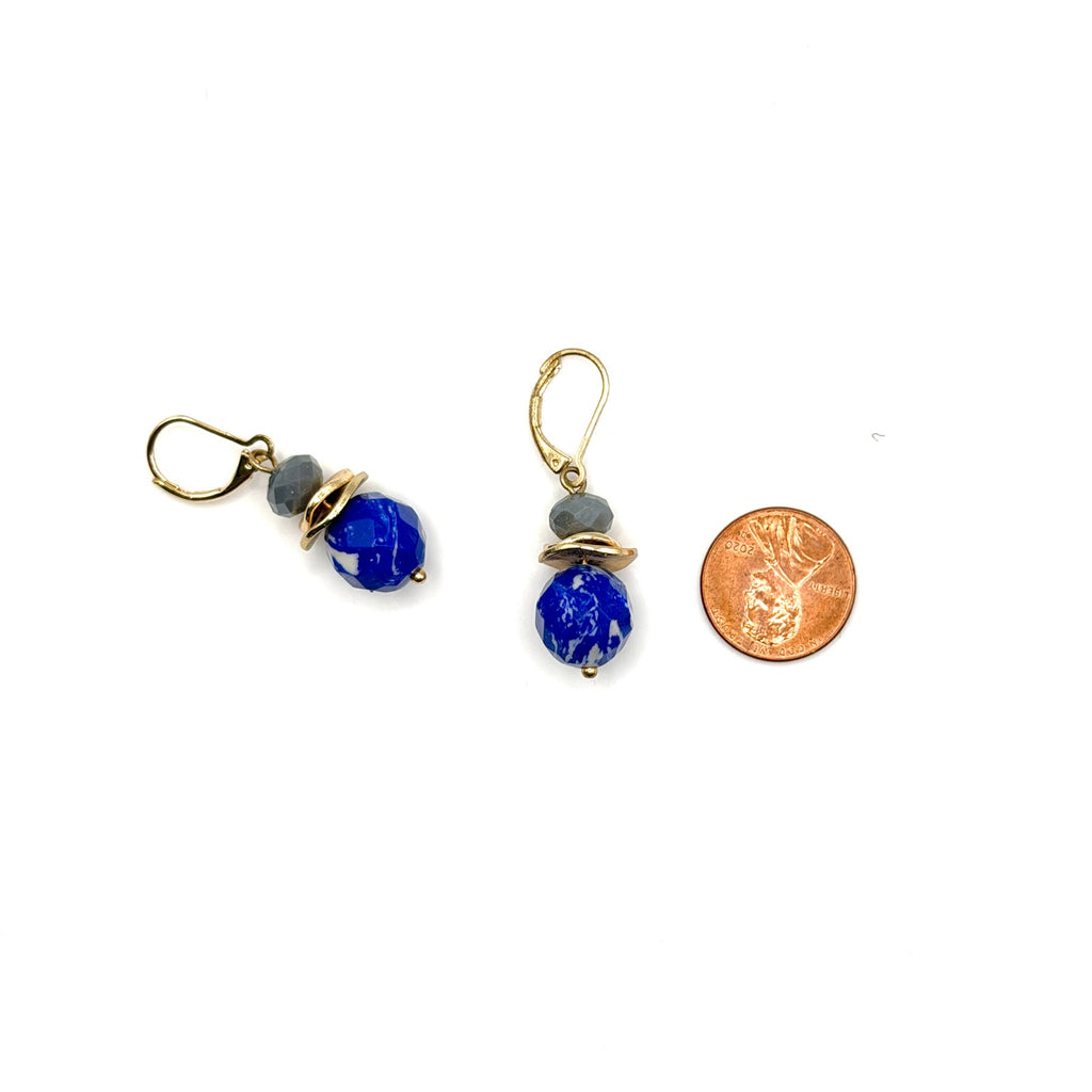 Gold Blue Marbled Stone Stacked Gold Leverback Drop Earrings