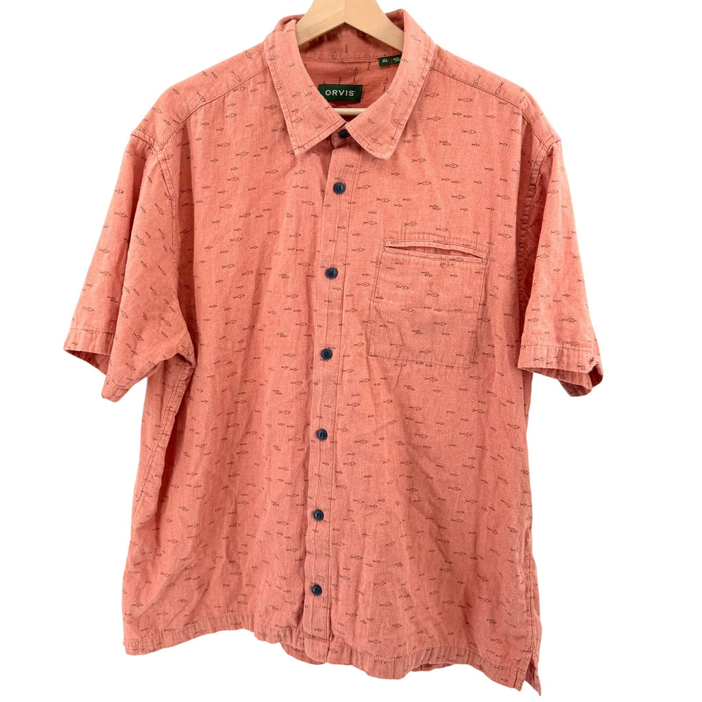 Orvis Orange Coral 100% Cotton Fish Print Short Sleeve Shirt