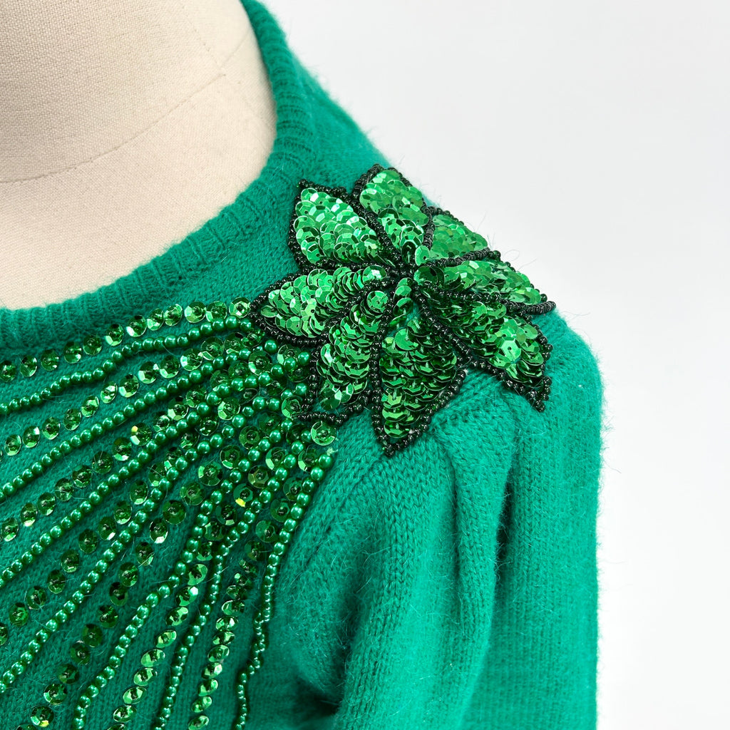 Vintage 80s Interim Green Sequin Shoulder Pad Knit Sweater Dress