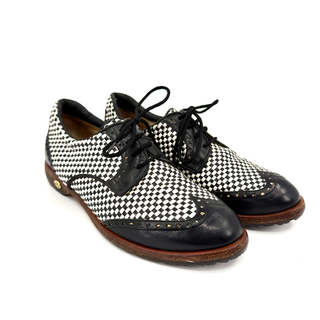 Vintage 90s Walter Genuin Black White Woven Leather Wingtip Golf Shoes