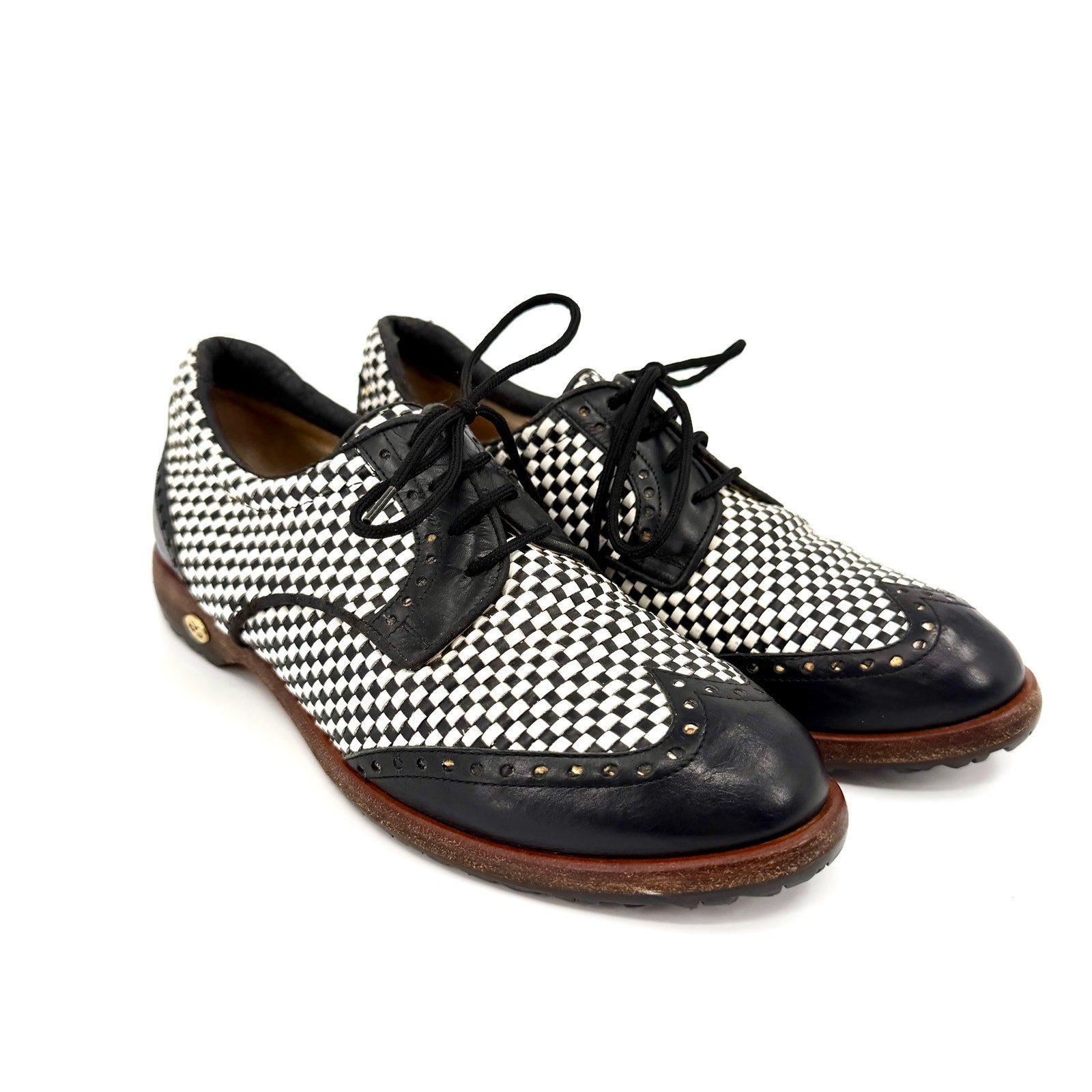 Vintage 90s Walter Genuin Black White Woven Leather Wingtip Golf Shoes