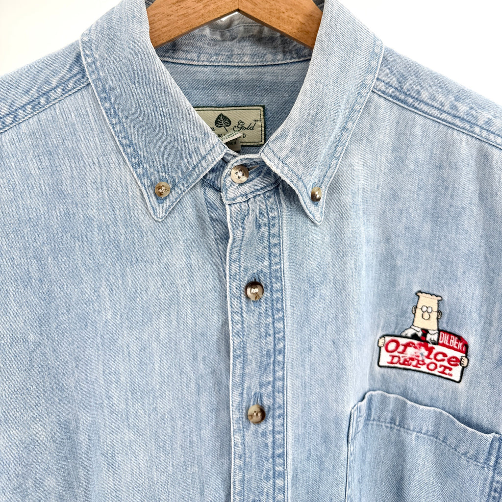 Vintage 90s Dilbert Office Depot Embroidered Oversized Denim Button-Up Shirt