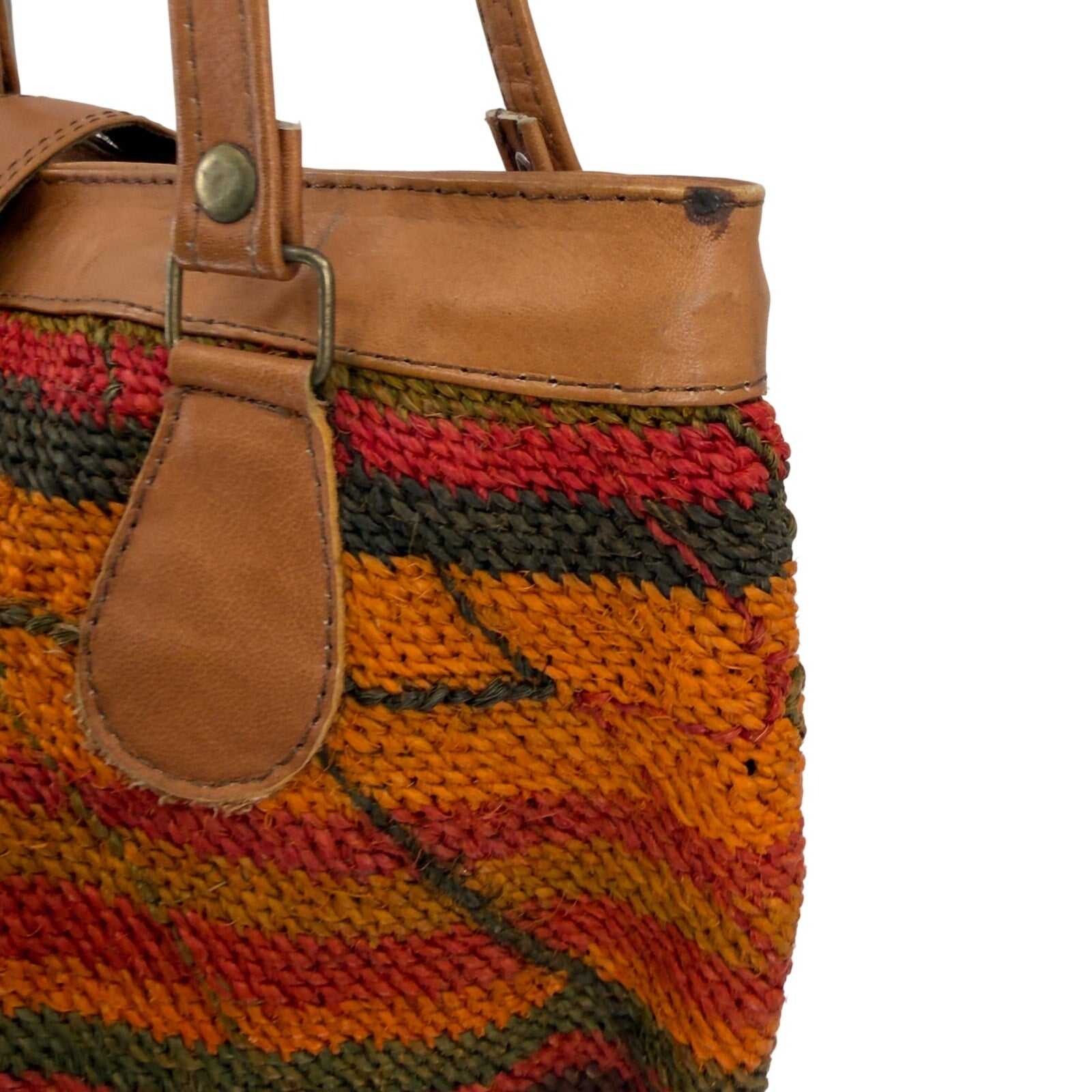 Vintage 80s Multicolor Woven Genuine Leather Trim Round Shoulder Bag