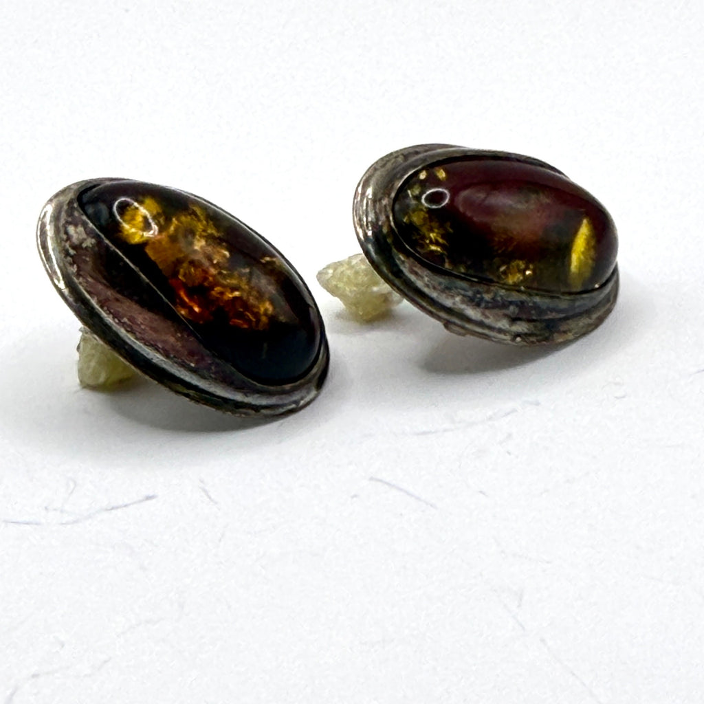 Vintage 90s Cognac Sterling Silver Baltic Amber Stamped Oval Stud Earrings