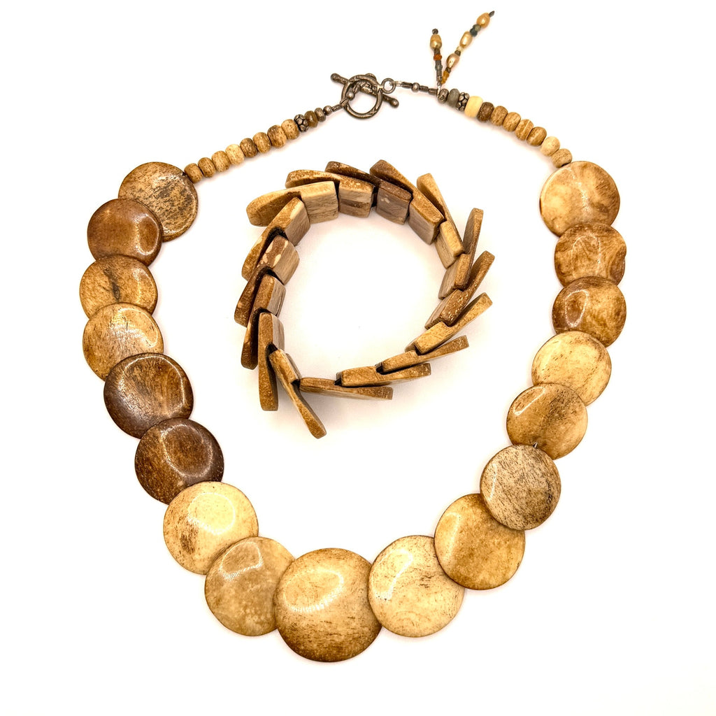 Vintage 90s Hand Carved Natural Bone Graduated Flat Disc Necklace Bracelet Set