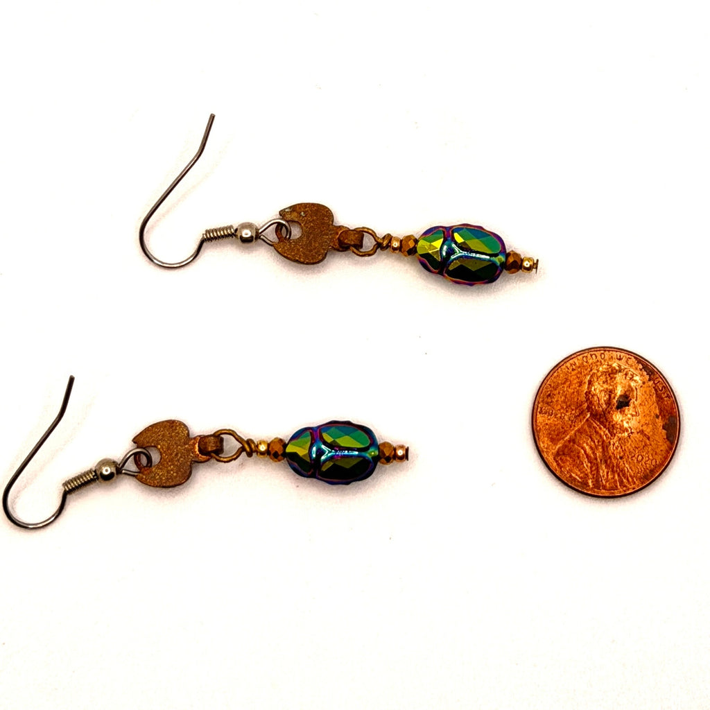 Vintage 90s Scarab Iridescent Green Blue Glass Beetle Drop Earrings