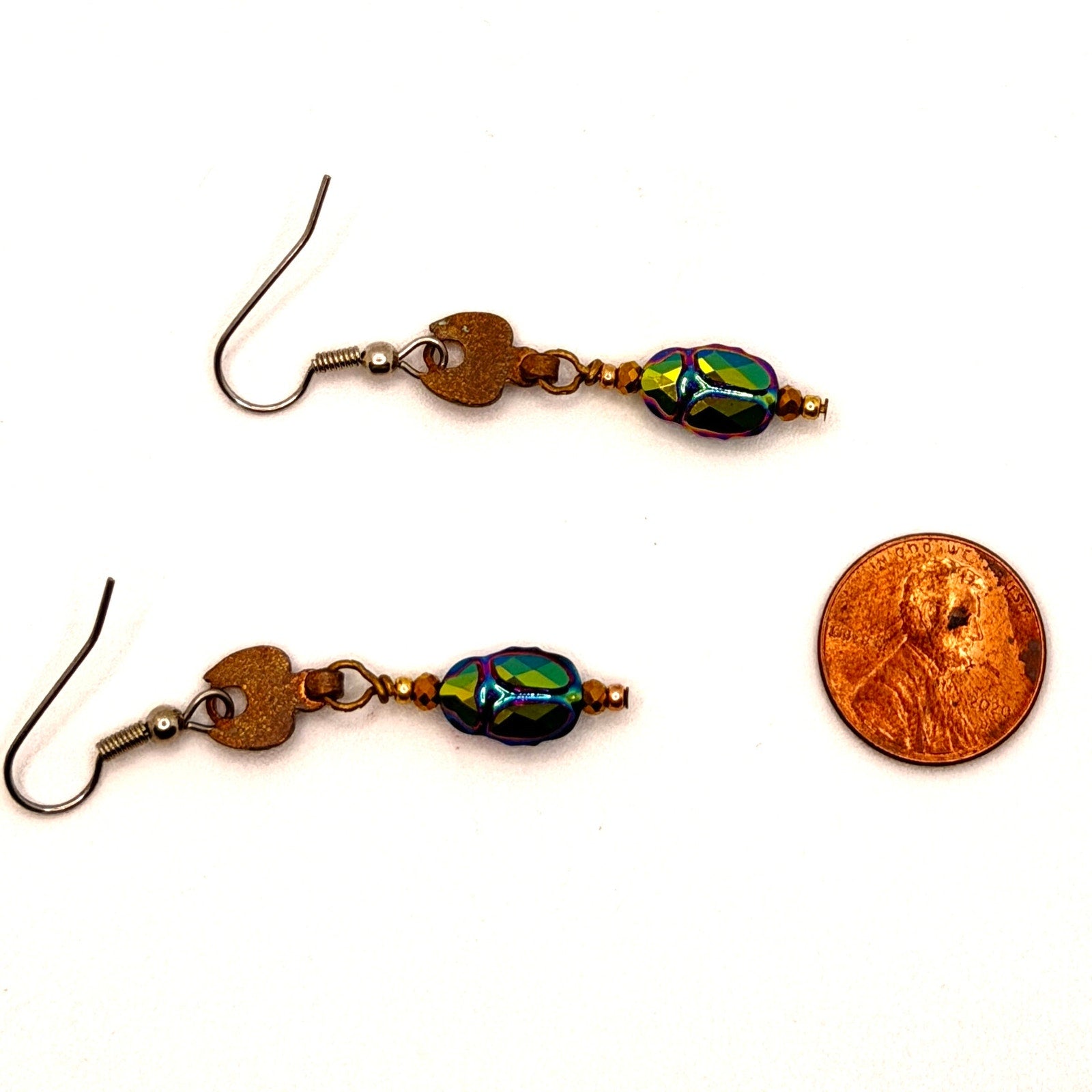 Vintage 90s Scarab Iridescent Green Blue Glass Beetle Drop Earrings
