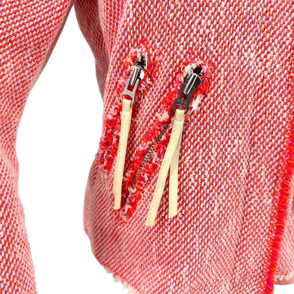 Rebecca Taylor Neon Red White Tweed Neon Fringe Moto Zipper Jacket
