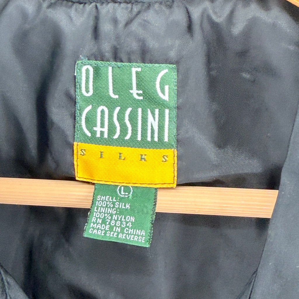 Vintage 90s Oleg Cassini Black 100% Silk Full Zip Track Bomber Jacket