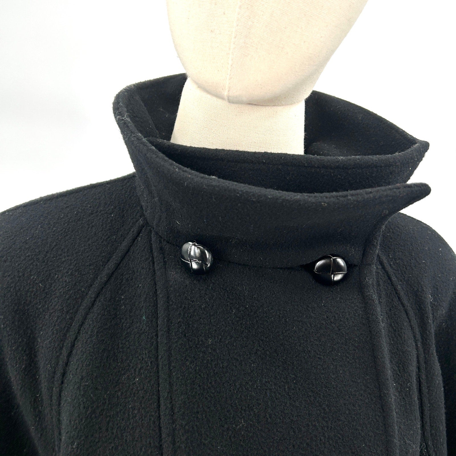 Vintage 80s Black Wool Blend Double Breasted Shoulder Pad Swing Coat
