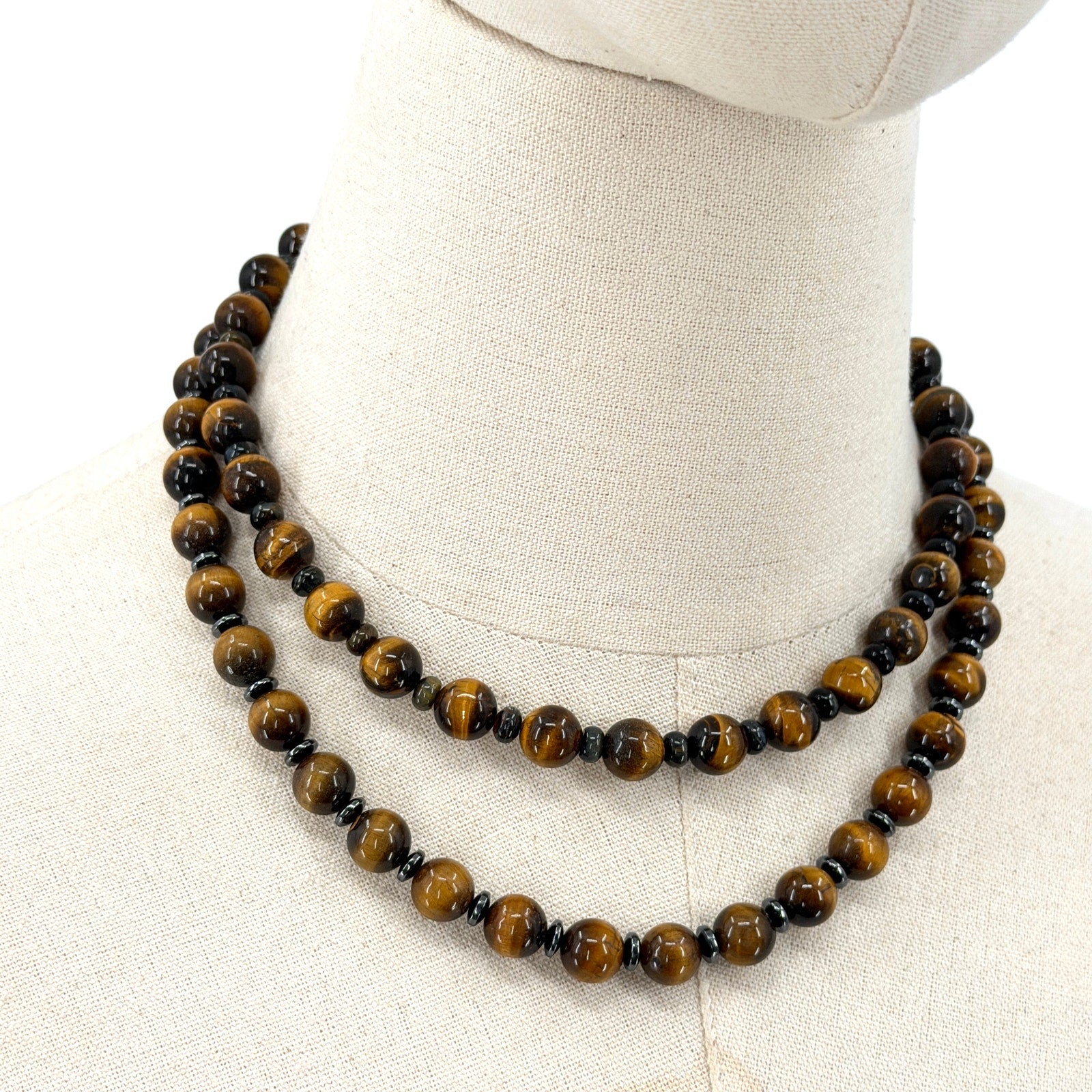 Vintage 90s Tiger's Eye Hematite Double Strand Toggle Statement Necklace