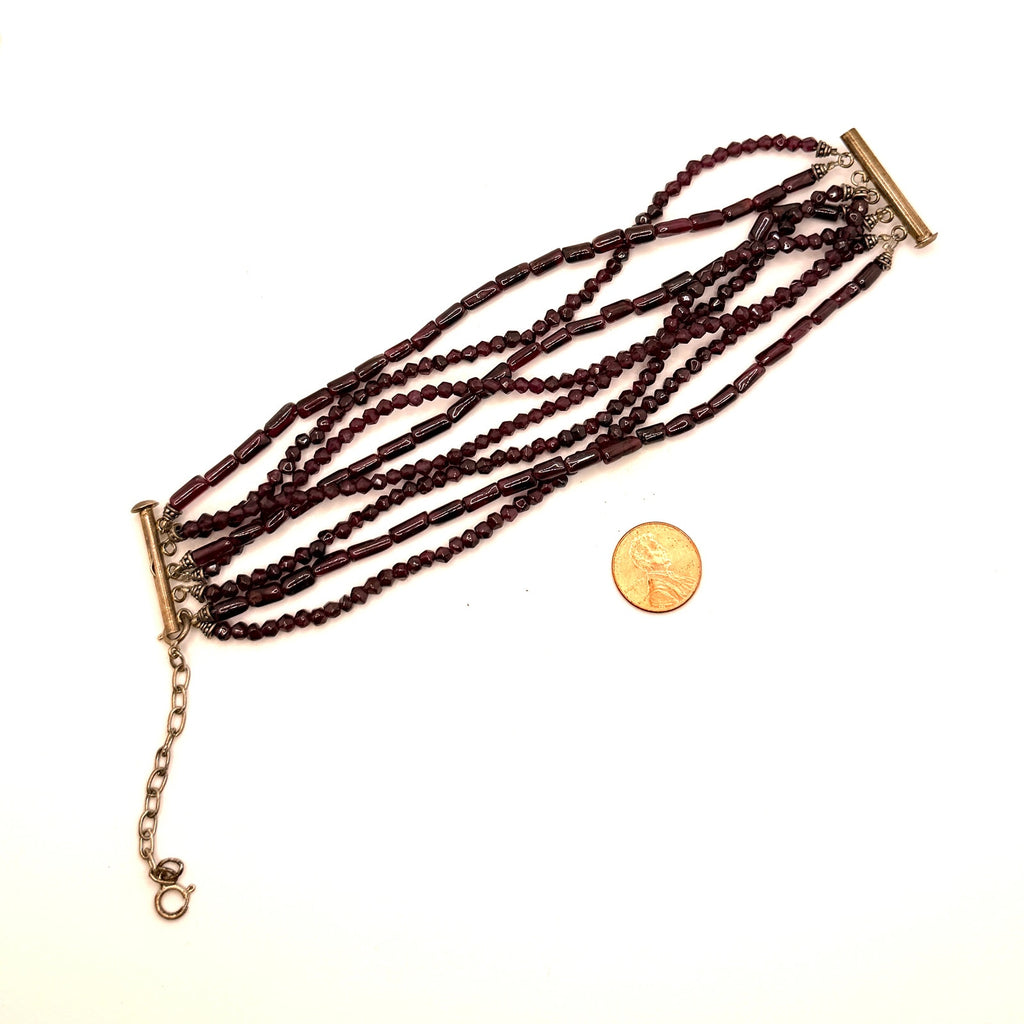 Vintage 90s Red Garnet Boho Multi Strand Beaded Slide Clasp Bracelet