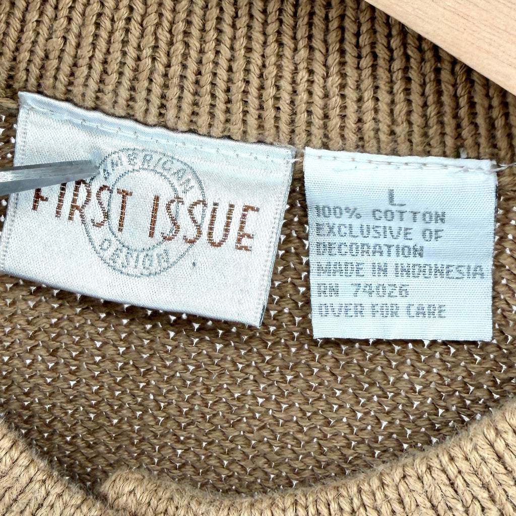 Vintage 90s First Issue Tan Brown 100% Cotton Toggle Knit Cardigan