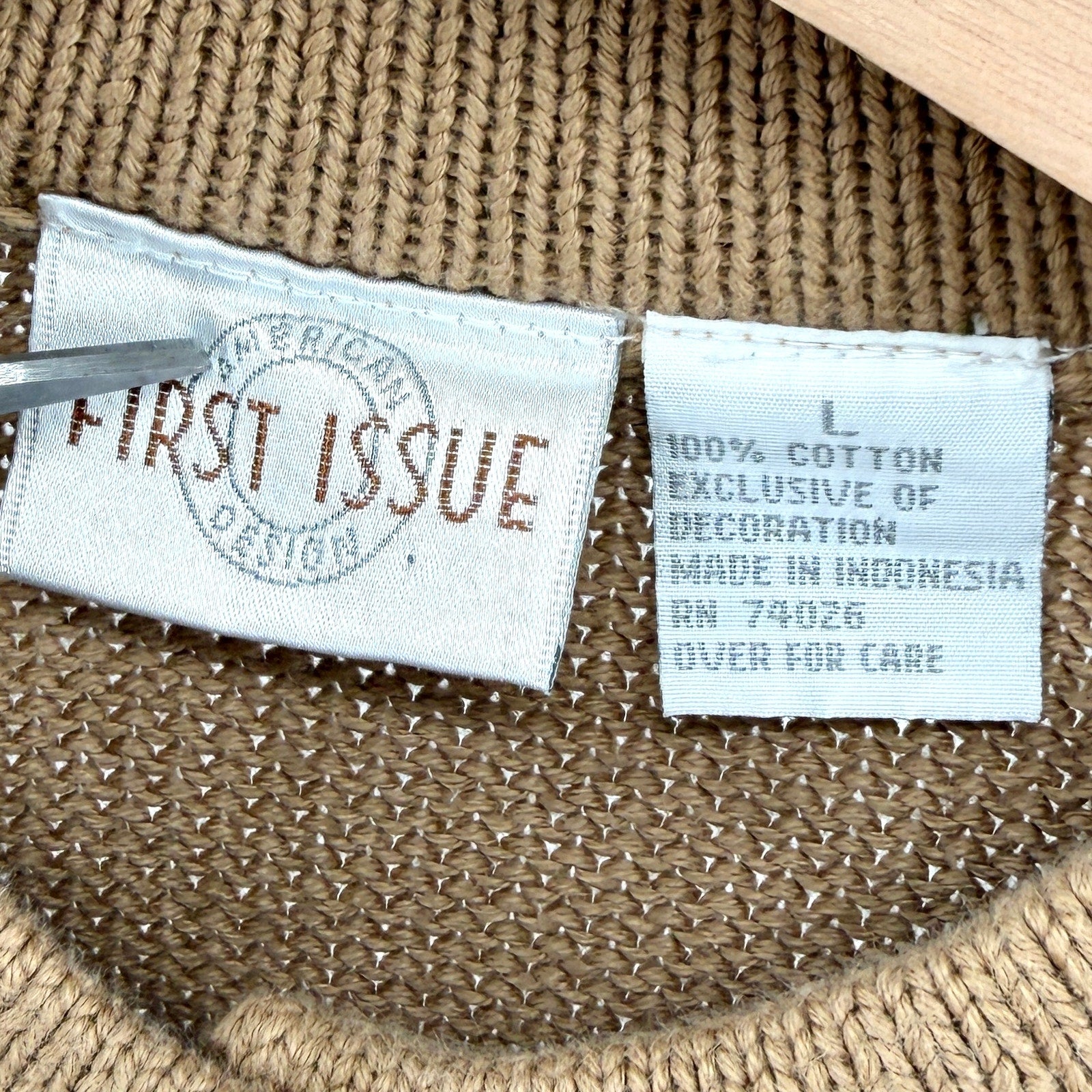 Vintage 90s First Issue Tan Brown 100% Cotton Toggle Knit Cardigan