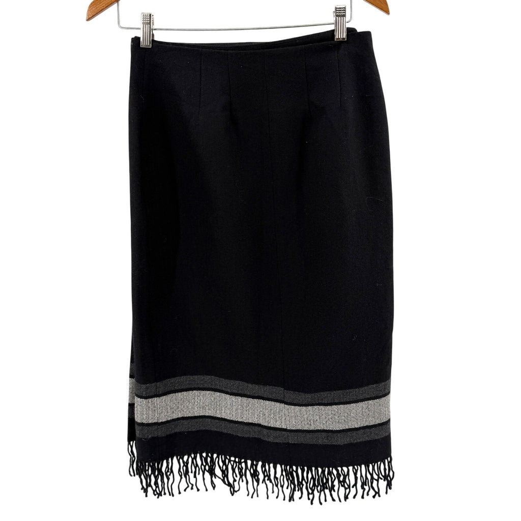 Vintage 90s David N Black Gray 100% Wool Fringe Wrap Midi Skirt